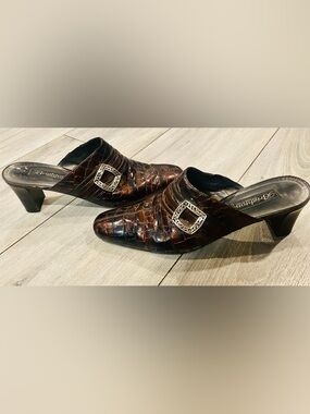 Brighton Brown Croc-Embossed Leather Slip-On Loafers with Ornate Silver Buckles